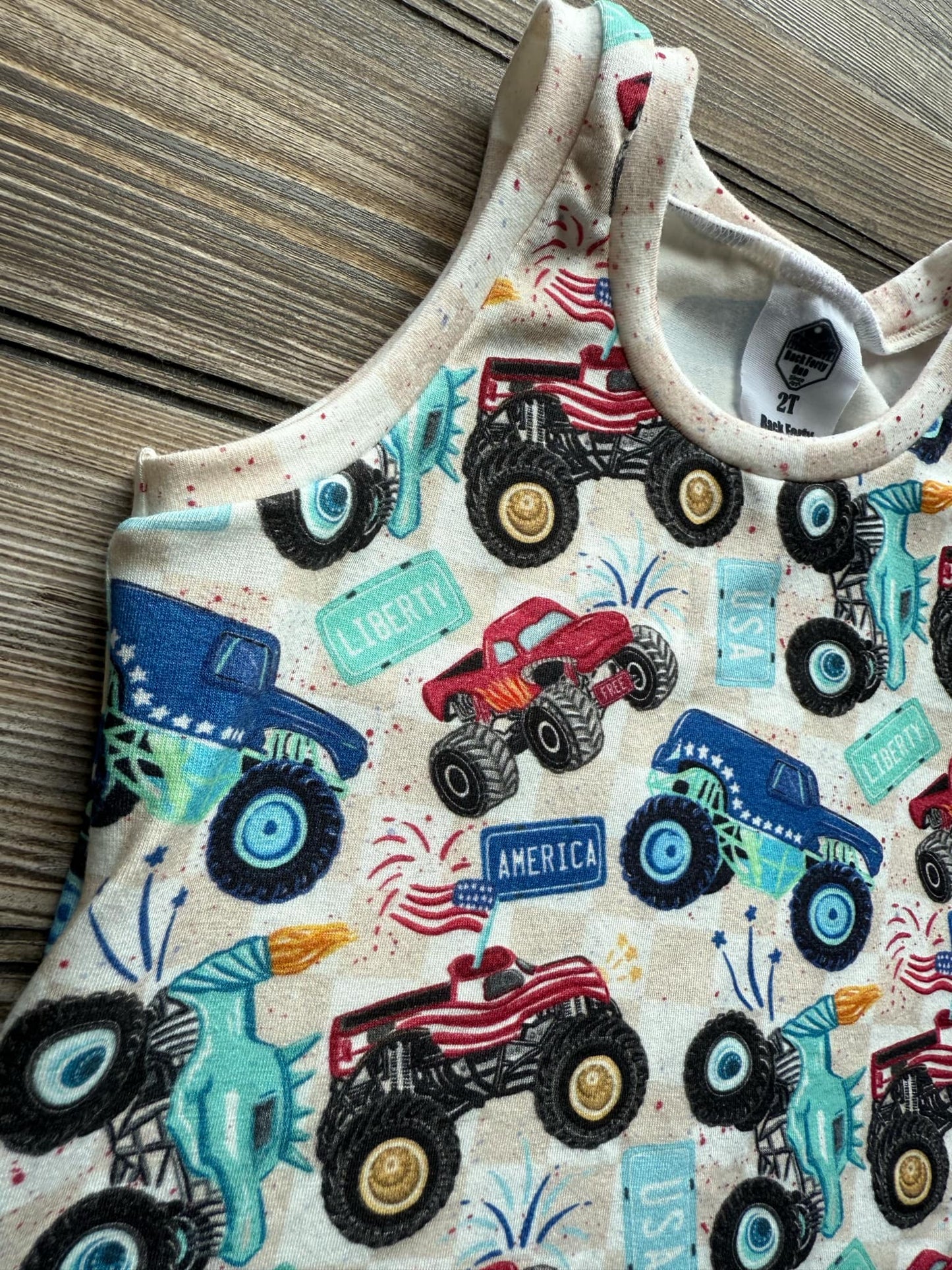 Monster Trucks & Freedom Tank – Toddler Patriotic Summer Shirt