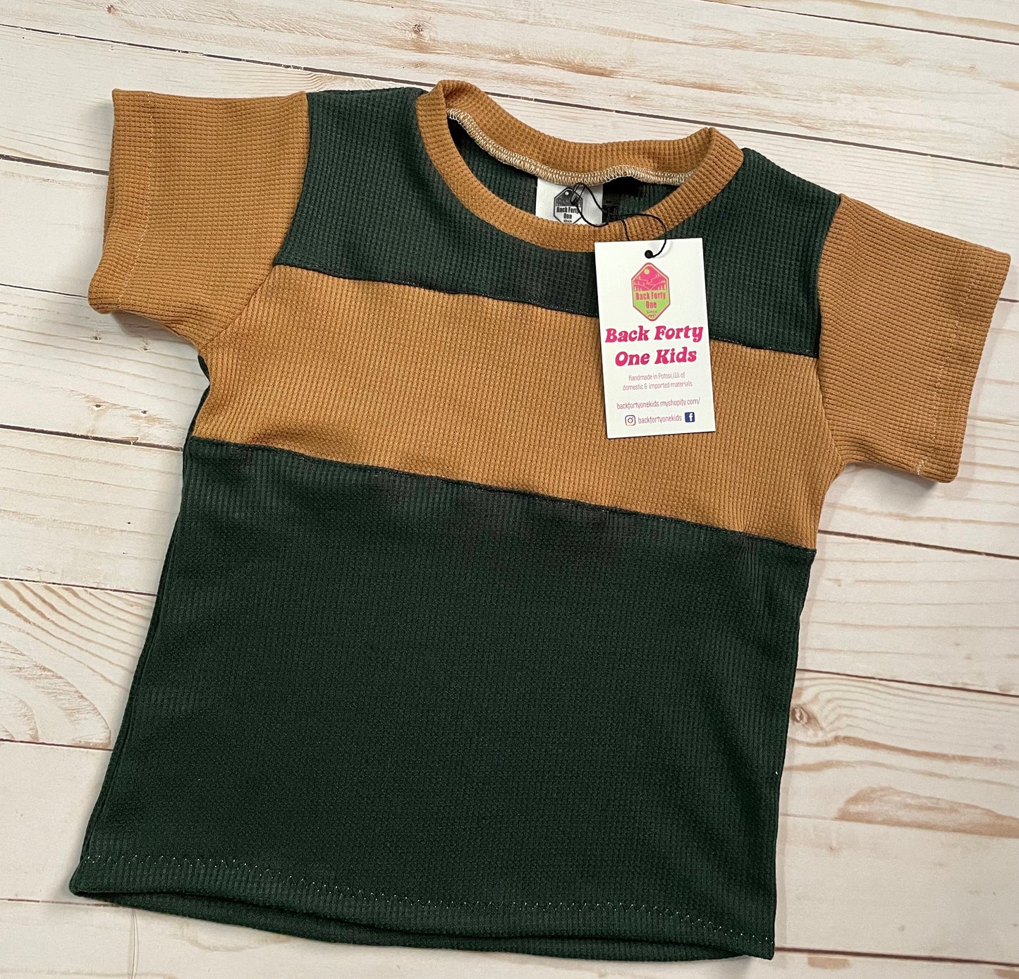 Green and tan color block T-shirt