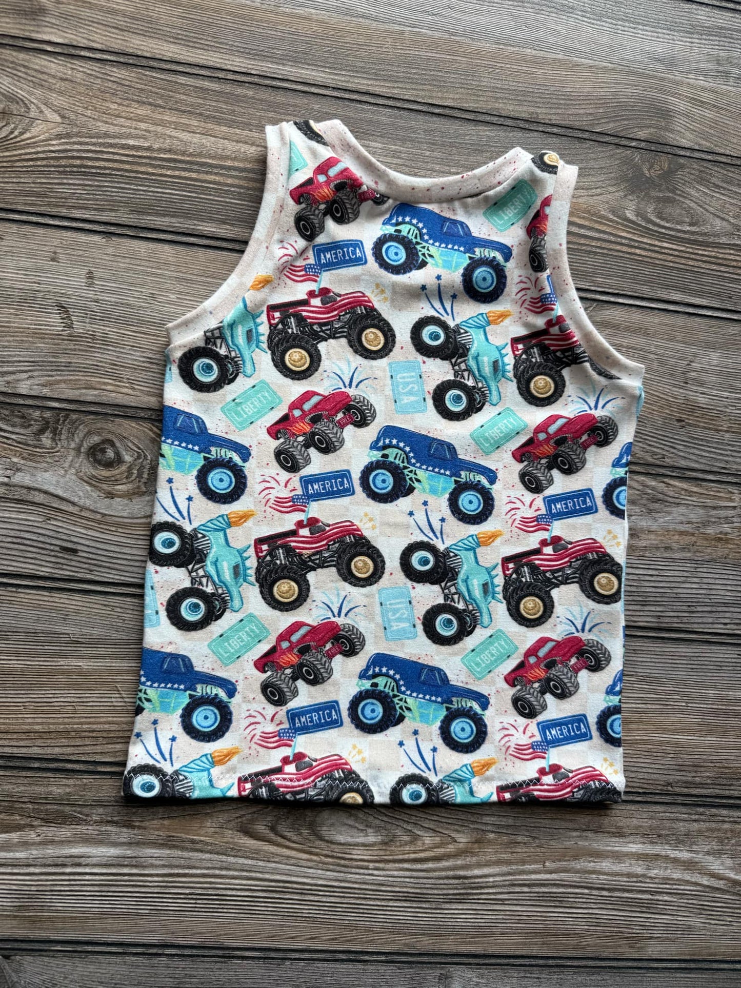 Monster Trucks & Freedom Tank – Toddler Patriotic Summer Shirt