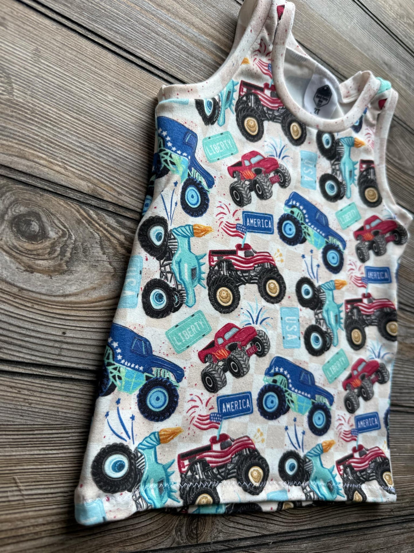 Monster Trucks & Freedom Tank – Toddler Patriotic Summer Shirt
