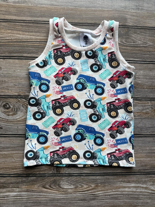 Monster Trucks & Freedom Tank – Toddler Patriotic Summer Shirt